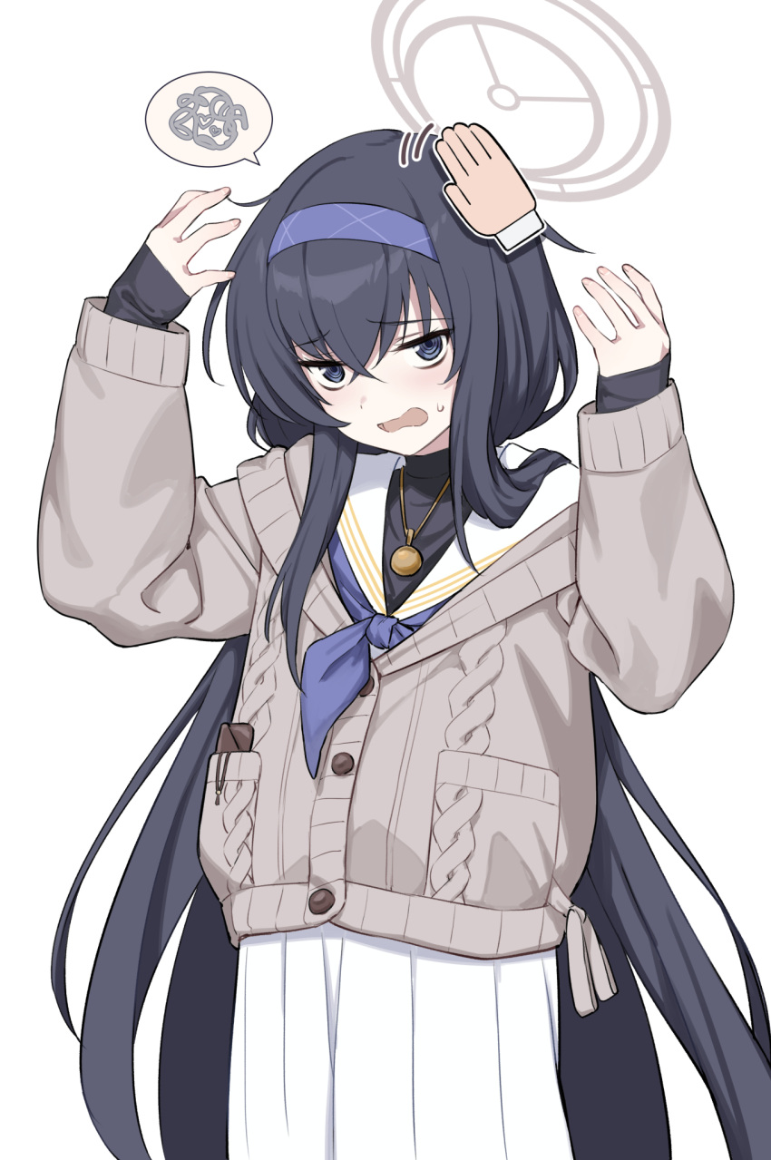 1girl amulet bangs black_eyes black_hair black_shirt blue_archive blue_neckerchief blush cardigan erubesuto furrowed_brow hairband halo hands_up headpat highres long_sleeves looking_at_viewer motion_lines neckerchief open_mouth raised_eyebrows ringed_eyes sailor_collar shirt skirt sleeves_past_wrists solo spoken_squiggle squiggle sweatdrop turtleneck ui_(blue_archive) upper_body wavy_mouth white_skirt