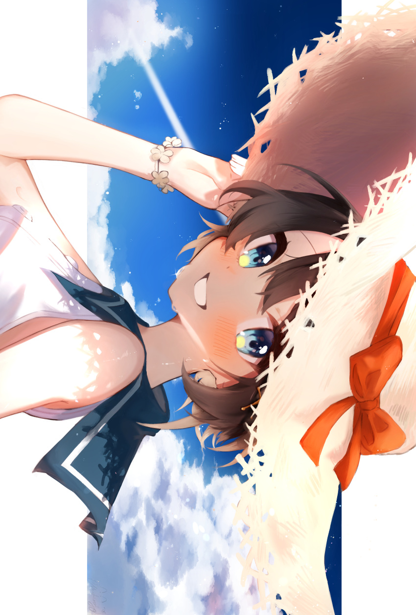1girl absurdres bangs bare_arms blue_eyes blue_sky blush brown_hair brown_headwear clouds from_side grin hair_between_eyes hat highres hololive letterboxed looking_at_viewer looking_to_the_side mashiro_io oozora_subaru portrait short_hair sideways sky smile solo straw_hat sun_hat sweat virtual_youtuber
