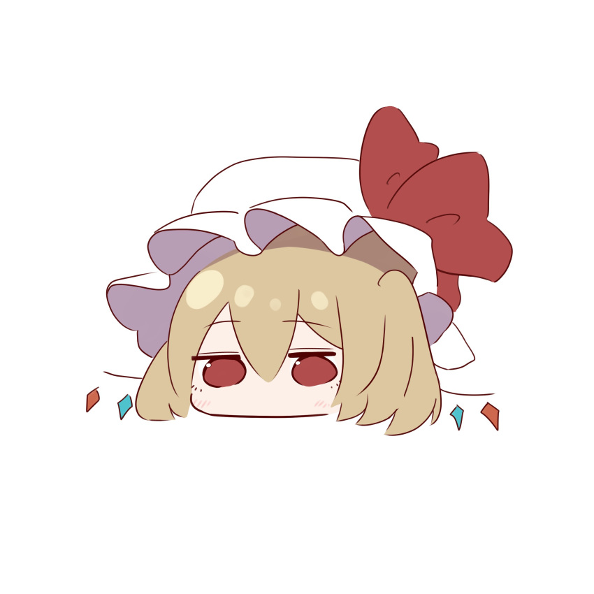 1girl bangs blonde_hair blush bow chibi eyebrows_visible_through_hair flandre_scarlet hair_between_eyes hat highres jitome looking_at_viewer mob_cap no_mouth r_utchi red_eyes simple_background solo touhou white_background white_headwear wings