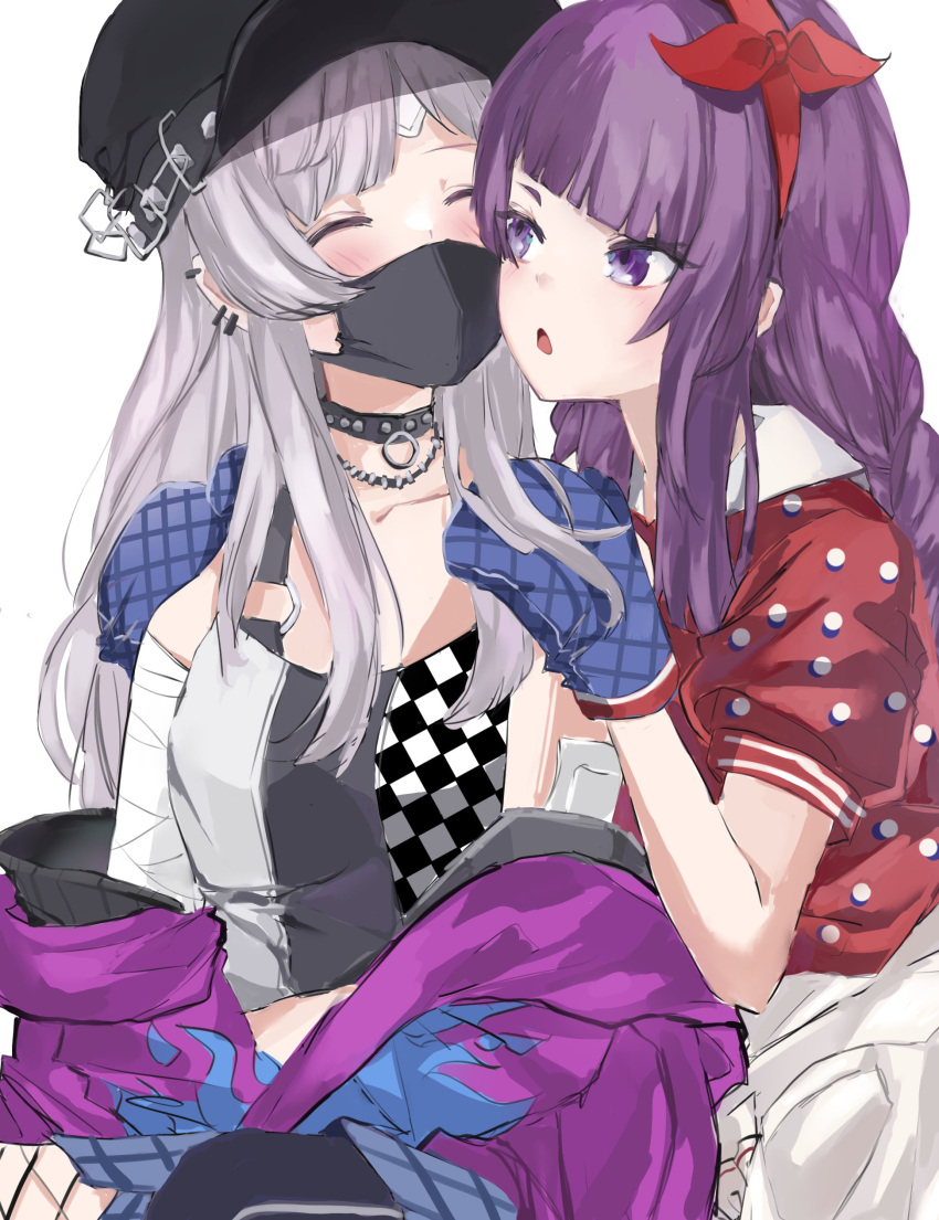 2girls :o ^_^ absurdres amanaoshii black_mask cheek-to-cheek closed_eyes cosplay costume_switch face-to-face greyscale hands_on_another's_shoulders heads_together highres idolmaster idolmaster_shiny_colors jacket jacket_partially_removed looking_at_another monochrome multiple_girls polka_dot polka_dot_shirt puffy_short_sleeves puffy_sleeves purple_hair purple_jacket red_shirt shirt short_sleeves simple_background tanaka_mamimi white_background yukoku_kiriko
