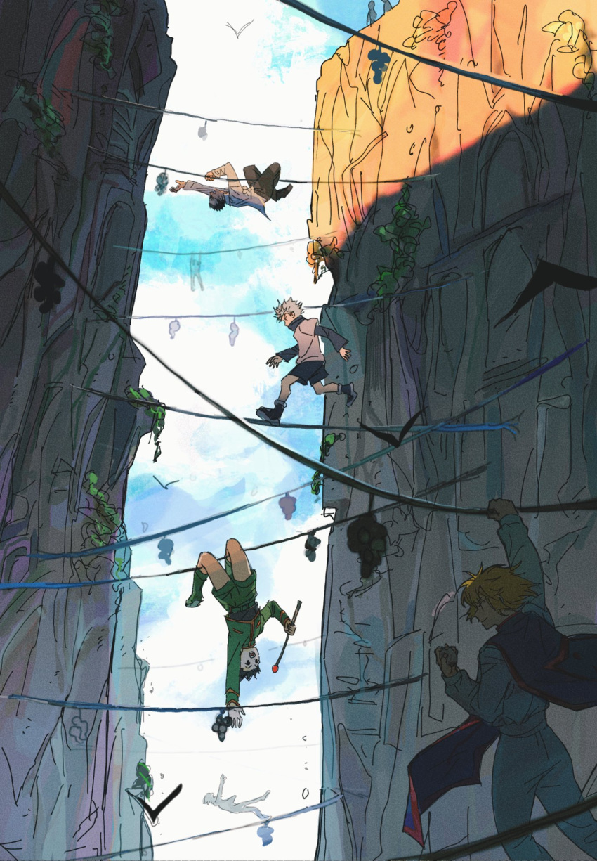4boys :d arm_up balancing black_footwear black_hair black_pants black_shorts blonde_hair blue_sky boots cliff collared_shirt commentary crossed_legs egg falling floating_hair glasses gon_freecss green_footwear green_jacket grey_hair hanging highres holding hunter_x_hunter jacket killua_zoldyck knee_boots kurapika layered_sleeves leorio_paladiknight long_sleeves looking_at_another male_focus miko_(15476997) monster multiple_boys outstretched_arm pants profile reaching shade shirt shoes short_hair short_over_long_sleeves short_sleeves shorts silhouette sketch sky smile spiky_hair string tabard turtleneck upside-down walking white_pants white_shirt wind