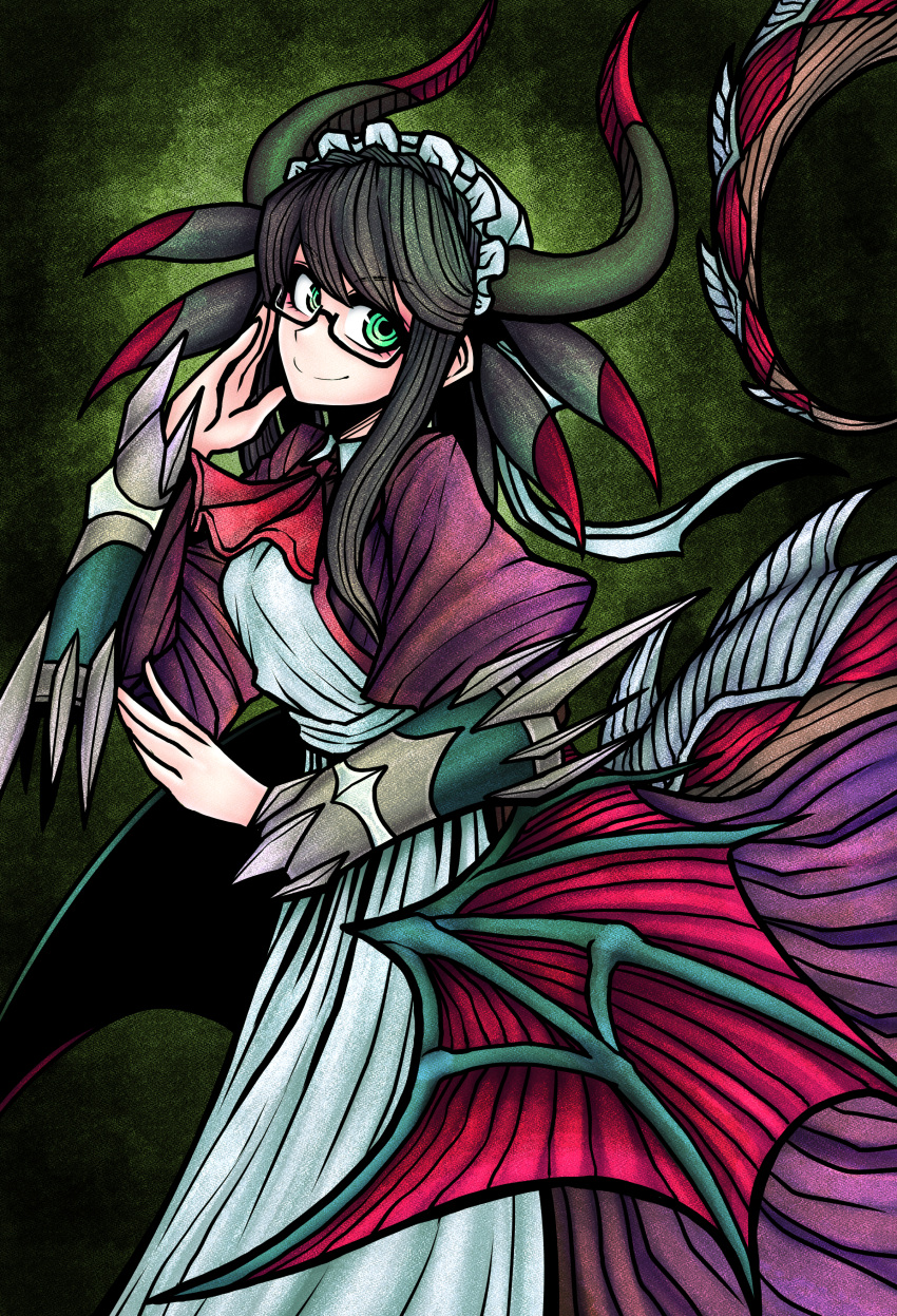 1girl absurdres adjusting_eyewear apron black_hair breasts commission cowboy_shot dragon_girl dragon_horns dragon_tail dragon_wings dress duel_monster gauntlets glasses green_background green_eyes highres horns house_dragonmaid looking_at_viewer low_wings maid maid_apron maid_headdress medium_breasts medium_hair nazo_no_diaboro smile solo tail wings yu-gi-oh!