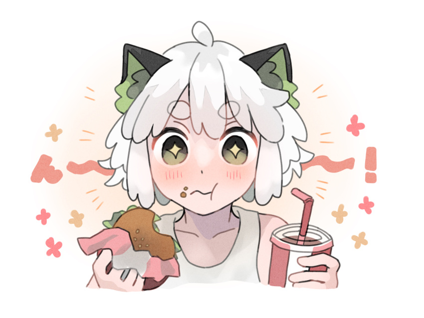 +_+ 1boy animal_ears bendy_straw blush burger cat_boy cat_ears drink drinking_straw eating eyebrows_visible_through_hair food green_eyes highres holding holding_drink looking_at_viewer luoxiaohei mochi_no portrait short_hair solo tank_top the_legend_of_luo_xiaohei white_hair white_tank_top