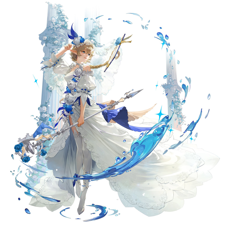 1girl absurdres arm_up bangs blonde_hair blue_eyes boots braid braided_ponytail detached_sleeves dress gran_saga hair_between_eyes highres holding holding_staff long_pointy_ears parted_lips pointy_ears simple_background smile solo srasa staff thigh_boots white_background white_dress