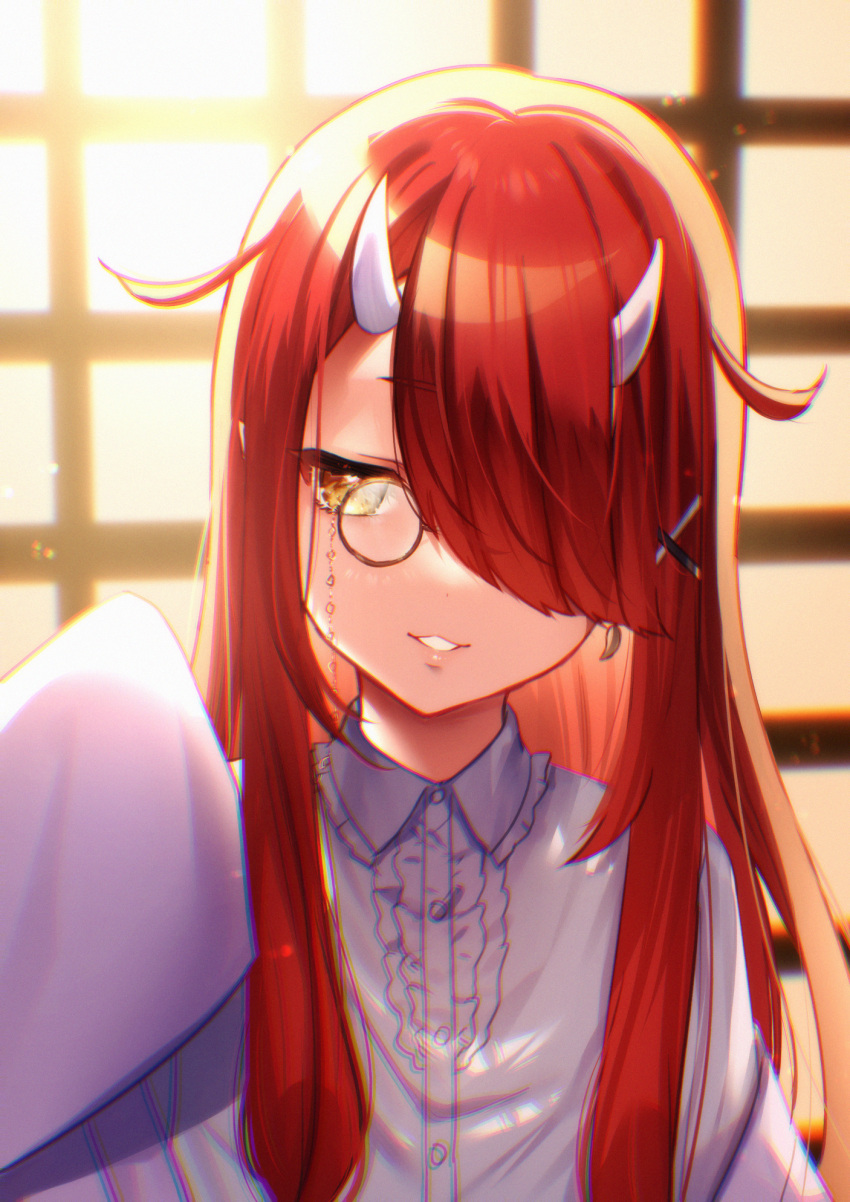 1girl brown_eyes collared_shirt copyright_request dress_shirt hair_ornament hair_over_one_eye hairclip highres horns kitasaya_ai long_hair long_sleeves looking_at_viewer monocle parted_lips redhead shirt sleeves_past_fingers sleeves_past_wrists solo upper_body virtual_youtuber white_shirt x_hair_ornament