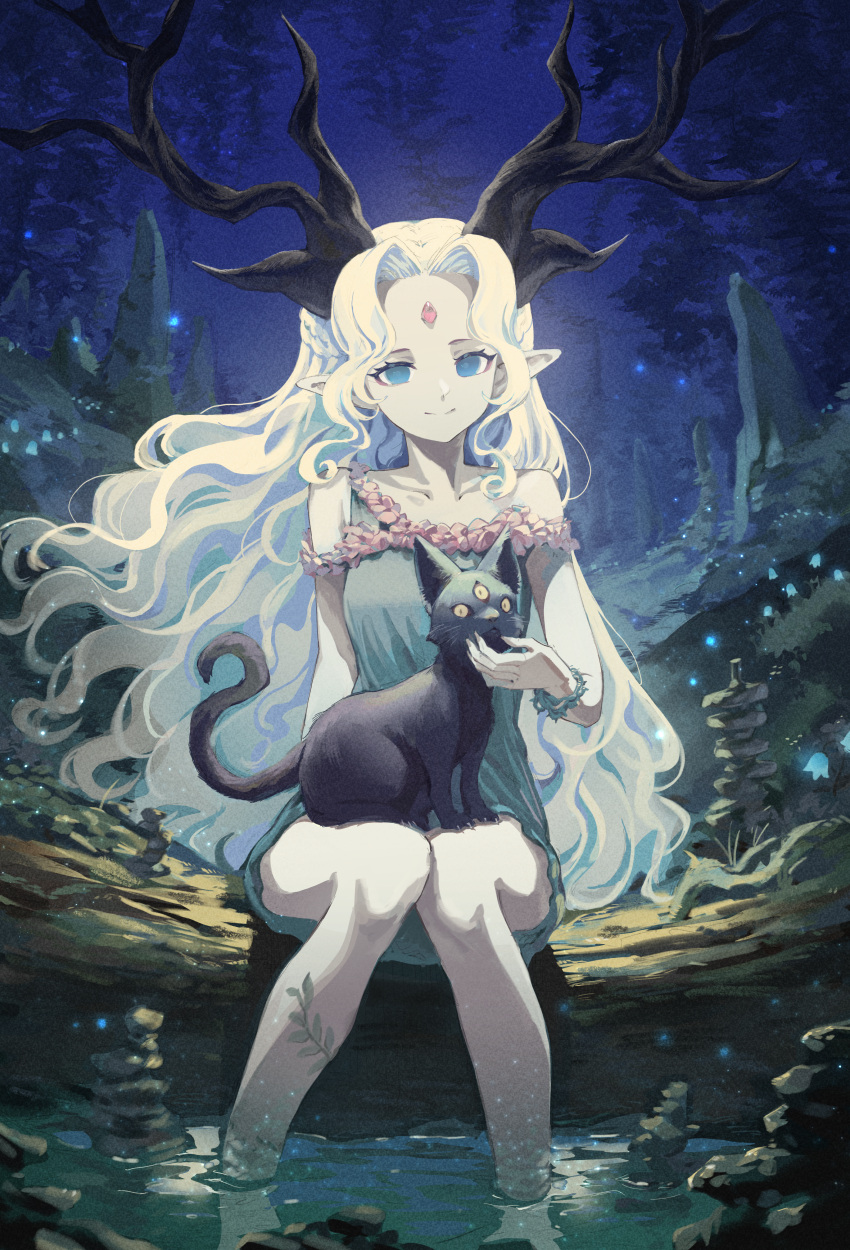 1girl absurdres animal_on_lap antlers barefoot black_cat blonde_hair blue_eyes blue_flower breasts cat cat_on_lap closed_mouth dress empty_eyes extra_eyes flower forehead_jewel forest gem glowing glowing_flower grass green_dress highres long_hair medium_breasts mia_(39565899) nature off-shoulder_dress off_shoulder on_lap original outdoors pointy_ears rock sitting soaking_feet tree very_long_hair water yellow_eyes