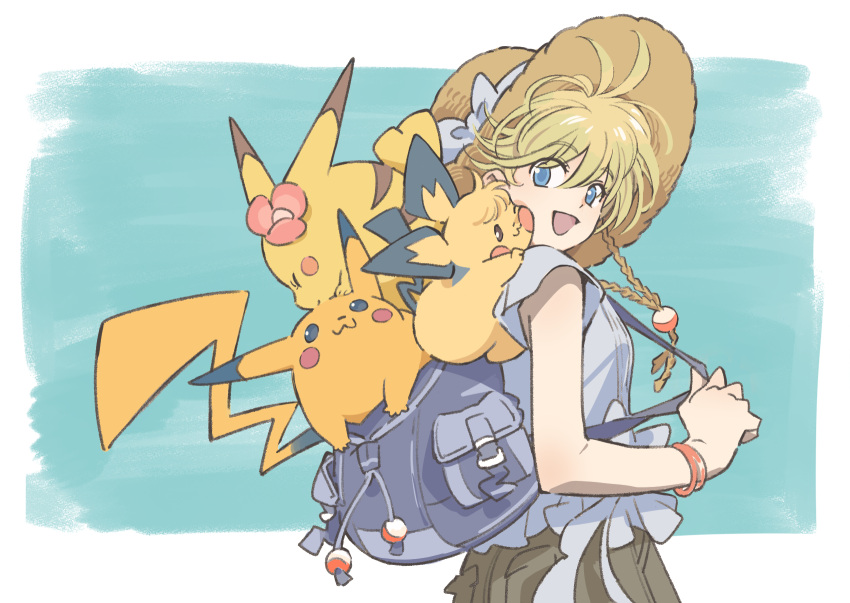 1girl :d backpack bag bangs blonde_hair blue_eyes bow bracelet brown_headwear commentary_request eyebrows_visible_through_hair eyelashes flower grey_bag grey_bow grey_shirt happy hat hat_bow highres holding_strap jewelry looking_back open_mouth pichu pikachu pink_flower pokemon pokemon_(creature) pokemon_adventures pokemon_on_back sannomushi shirt short_hair smile yellow_(pokemon)