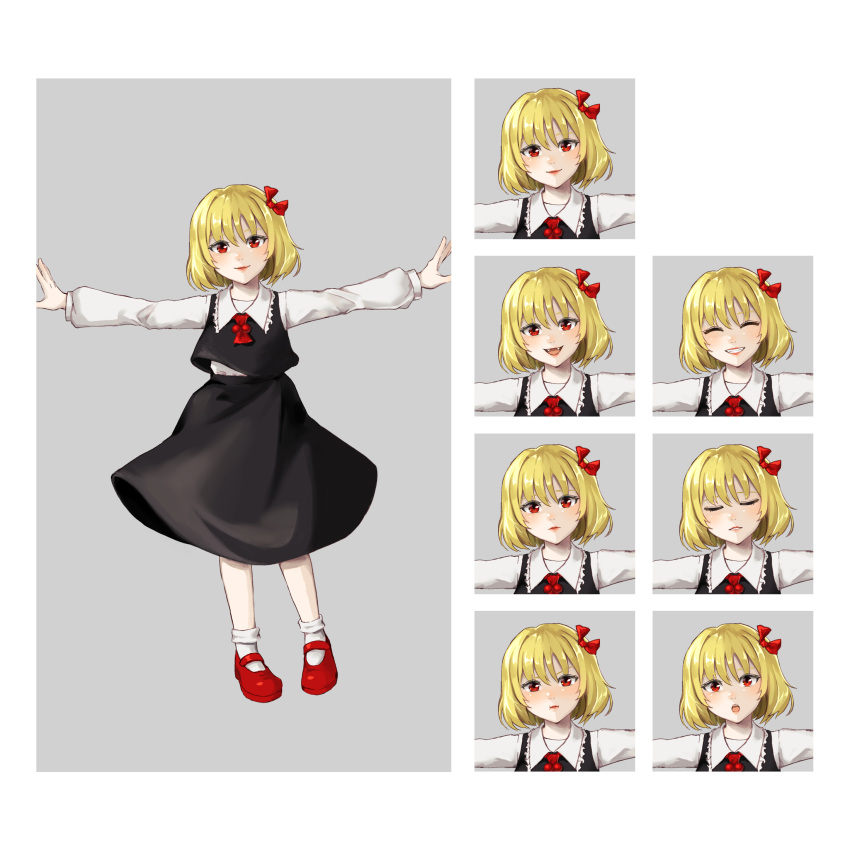 1girl :d angry ascot black_skirt black_vest blonde_hair border character_name closed_eyes closed_mouth collarbone collared_shirt commentary_request embodiment_of_scarlet_devil expression_chart fangs frilled_shirt_collar frills full_body grey_border hair_ribbon highres hoshiringo0902 lips long_sleeves mary_janes open_mouth outstretched_arms red_ascot red_eyes red_footwear red_ribbon ribbon rumia sad shirt shoes short_hair simple_background skirt skirt_set smile solo standing surprised touhou v-shaped_eyebrows vest white_background white_legwear white_shirt