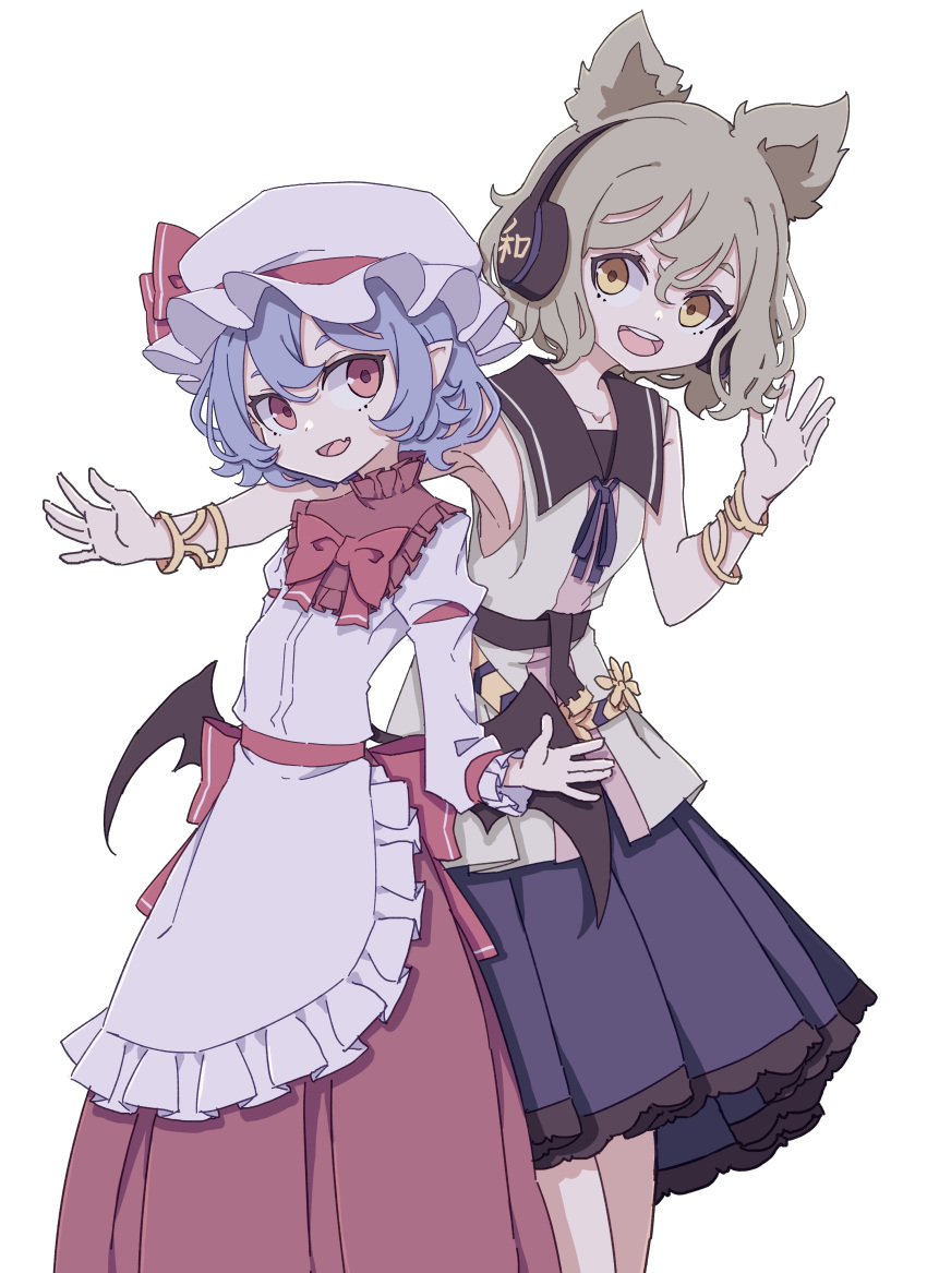 2girls absurdres bat_wings black_wings blue_hair blue_skirt bracelet dress earmuffs hair_between_eyes hat highres jewelry kame_(kamepan44231) light_brown_hair long_sleeves mob_cap multiple_girls open_mouth pleated_skirt pointy_hair red_eyes remilia_scarlet short_hair simple_background skirt smile teeth touhou toyosatomimi_no_miko upper_teeth white_background white_dress white_headwear wings yellow_eyes