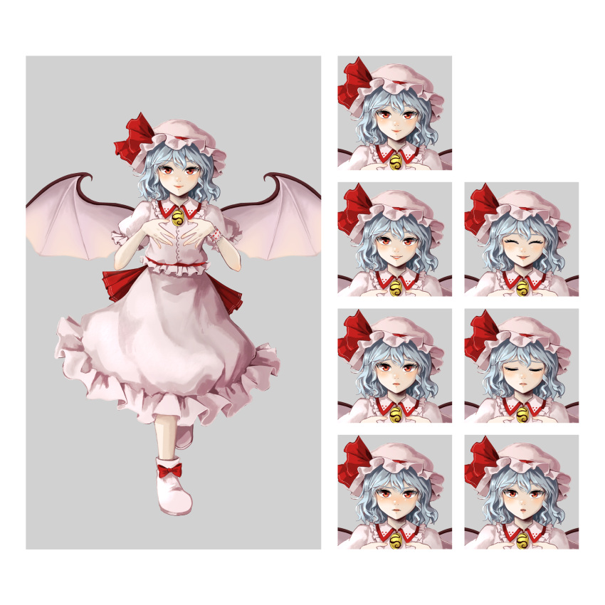 1girl angry back_bow bat_wings blue_hair blush border bow brooch character_name closed_eyes closed_mouth collared_shirt commentary_request embodiment_of_scarlet_devil expression_chart footwear_bow frilled_shirt frilled_shirt_collar frilled_skirt frilled_sleeves frills full_body grey_border happy hat hat_ribbon highres hoshiringo0902 jewelry lips mob_cap open_mouth pink_footwear pink_headwear pink_shirt pink_skirt puffy_short_sleeves puffy_sleeves red_bow red_eyes red_ribbon remilia_scarlet ribbon sad shirt short_hair short_sleeves simple_background skirt skirt_set smile solo standing surprised touhou v-shaped_eyebrows vampire waist_bow white_background white_wings wings wrist_cuffs