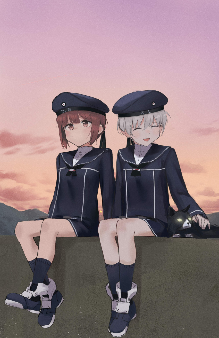 2girls absurdres animal bangs black_cat black_dress black_legwear black_sailor_collar brown_eyes brown_hair cat closed_eyes closed_mouth clothes_writing clouds commission dress eyebrows_visible_through_hair grey_hair hair_between_eyes hat highres kantai_collection long_sleeves multiple_girls nankyokuman outdoors parted_lips petting sailor_collar sailor_dress short_hair sitting skeb_commission sky socks z1_leberecht_maass_(kancolle) z3_max_schultz_(kancolle)