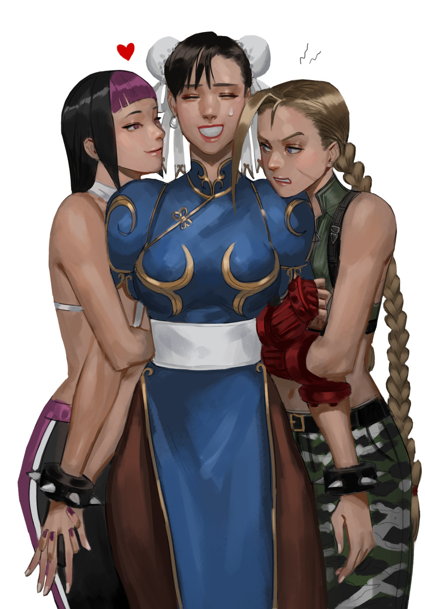 3girls absurdres angry arm_hug bbubbubbobbo123 black_hair blonde_hair bracelet braid bun_cover cammy_white chinese_clothes chun-li double_bun girl_sandwich hair_bun han_juri heart highres holding_hands interlocked_fingers jewelry looking_at_another multiple_girls official_alternate_costume pantyhose puffy_short_sleeves puffy_sleeves sandwiched scar scar_on_cheek scar_on_face short_sleeves simple_background smile spiked_bracelet spikes street_fighter street_fighter_v sweatdrop yuri