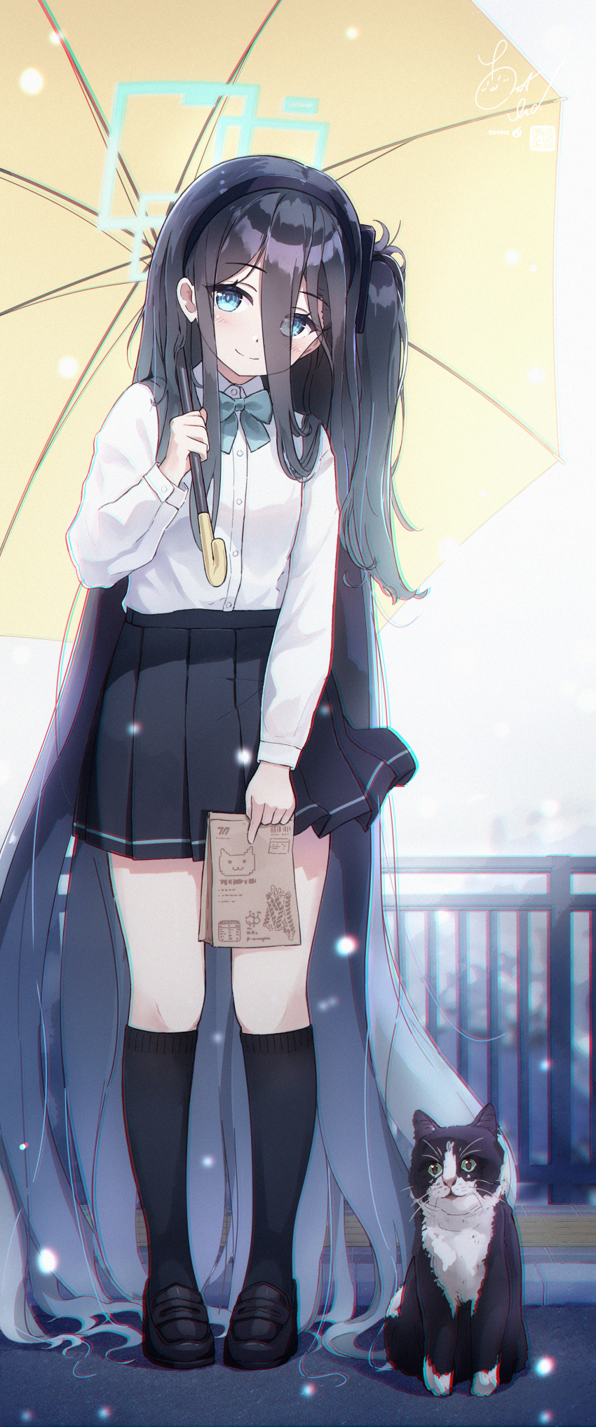 1girl absurdres animal aqua_bow aqua_bowtie aqua_eyes arisu_(blue_archive) blue_archive bow bowtie cat closed_mouth dark_blue_hair dress_shirt hair_between_eyes highres holding holding_umbrella i-tsd kneehighs loafers long_hair long_sleeves looking_at_viewer pleated_skirt railing shirt shoes side_ponytail signature skirt smile snowing solo standing umbrella very_long_hair white_shirt yellow_umbrella