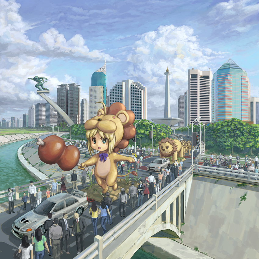 animal_costume artoria_pendragon_(fate) blonde_hair bow bridge building camera car clouds denim evokid food formal grass green_eyes ground_vehicle hat highres jeans lamppost lion lion_costume lion_tail meat mitsubishi_lancer_evolution monumen_nasional motor_vehicle motorcycle necktie pants riverbank road saber_lion scenery sky skyline skyscraper statue statue_of_dirgantara suit tail traffic_light tree type-moon vest