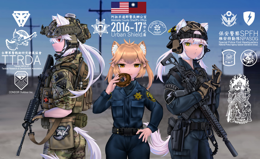 3girls american_flag animal_ears ass assault_rifle backwards_hat bangs baseball_cap belt black_belt black_headwear blue_jacket blue_legwear brown_gloves brown_hair bulletproof_vest camouflage camouflage_headwear camouflage_jacket chinese_commentary chinese_text commentary_request cowboy_shot doughnut ears_through_headwear eating fang_zhenjun food from_side gloves gun handgun hat headphones helmet highres holding holding_food holding_gun holding_weapon holster holstered_weapon jacket light_brown_hair long_hair looking_at_viewer medium_hair military military_helmet multiple_girls original pistol police police_uniform profile red_eyes rifle sleeves_rolled_up slit_pupils soldier tactical_clothes translation_request twintails uniform weapon weapon_request white_hair white_tail yellow_eyes