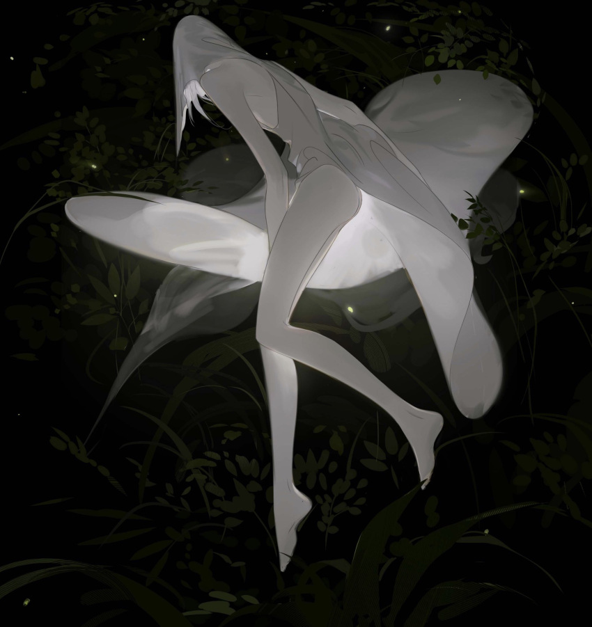 1boy ass bare_arms bare_legs barefoot facing_away fireflies floating from_side full_body highres male_focus medium_hair nature night original plant sleeveless solo straight_hair toduring white_hair white_robe
