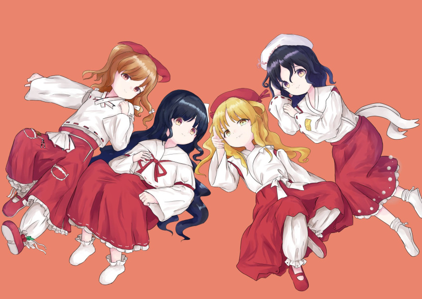 4girls bangs beret black_hair blonde_hair blonde_shrine_maiden_from_a_future_era_(touhou) bloomers blunt_bangs bobby_socks bow colored_shoe_soles commentary_request detached_sleeves frilled_skirt frills full_body girl_who_trained_on_mt._haku_(touhou) hair_bow hakama hakama_skirt hat highres hourai_girl_(touhou) japanese_clothes kariginu kimono long_hair long_sleeves lying mary_janes miko moonlight's_anti-soul_(touhou) multiple_girls neck_ribbon no_shoes nostalgiclock on_back on_side orange_hair pocket portrait_of_exotic_girls red_bow red_eyes red_footwear red_hakama red_headwear red_ribbon red_skirt ribbon sash shirt shoe_soles shoes short_hair simple_background skirt socks touhou underwear very_long_hair violet_eyes wavy_hair white_bloomers white_headwear white_kimono white_legwear white_ribbon white_sash white_shirt white_sleeves wide_sleeves yellow_eyes