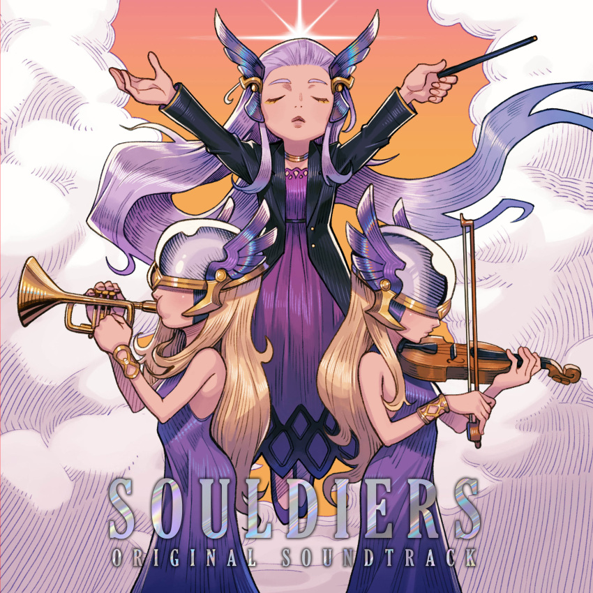 3girls absurdres alejandro_tio arm_up blonde_hair closed_eyes clouds cloudy_sky coat conductor covered_eyes day dress floating helmet highres instrument long_dress long_hair long_sleeves looking_to_the_side multiple_girls music open_clothes open_coat playing_instrument purple_hair sky sleeveless souldiers text_focus trumpet violin wristband