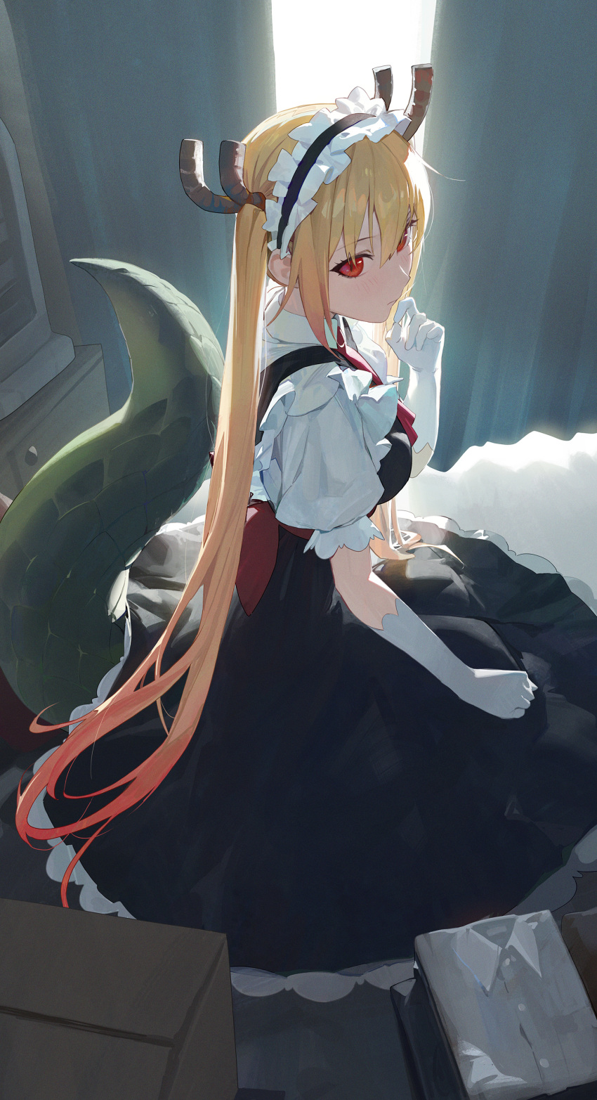 1girl absurdres apron bangs blonde_hair blush breasts closed_mouth commentary_request curtains dragon_girl dragon_horns dragon_tail eyelashes finger_to_mouth gloves gradient_hair highres horns indoors kobayashi-san_chi_no_maidragon large_breasts long_hair looking_at_viewer maid maid_apron maid_headdress modare multicolored_hair neck_ribbon puffy_short_sleeves puffy_sleeves red_eyes red_ribbon ribbon shirt short_sleeves sidelocks sitting slit_pupils solo tail tohru_(maidragon) two_side_up very_long_hair white_gloves white_shirt
