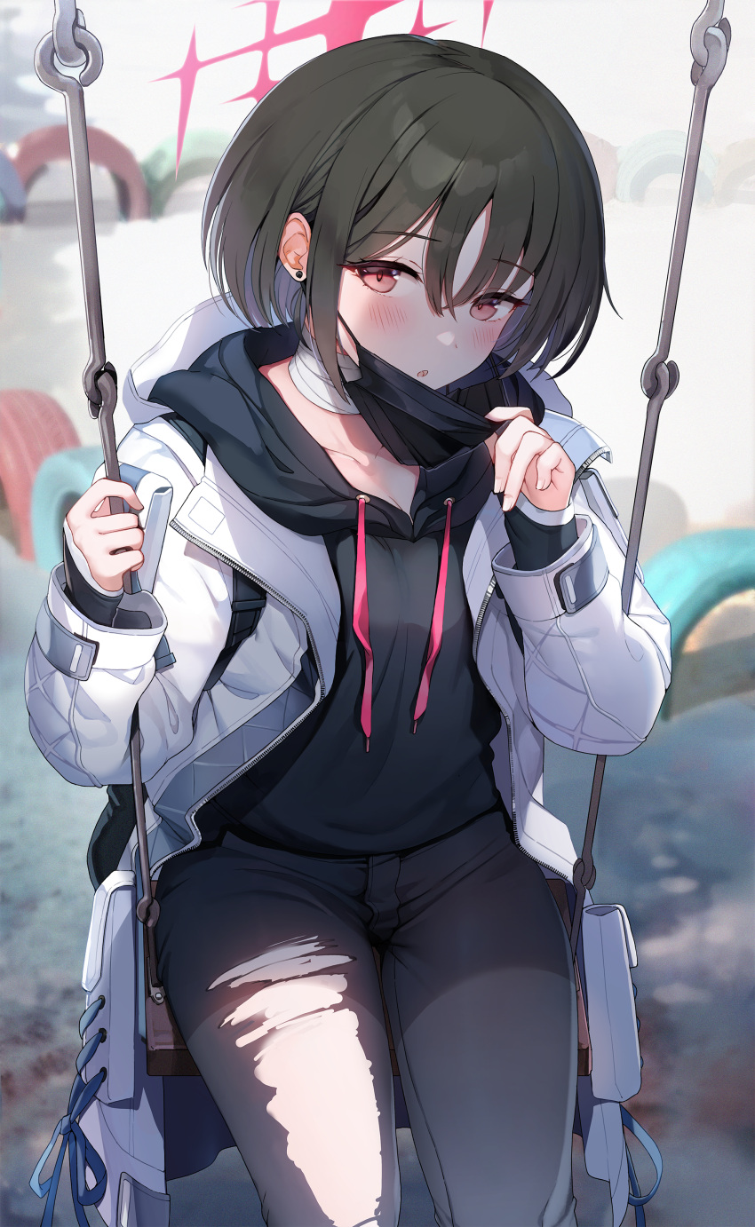1girl absurdres bandaged_neck bandages bangs black_hair black_hoodie blue_archive blurry blush collarbone denim depth_of_field drawstring earrings hair_between_eyes highres hood hood_down hooded_jacket hoodie jacket jeans jehyun jewelry long_sleeves looking_at_viewer mask misaki_(blue_archive) mouth_mask open_clothes open_jacket pants parted_lips piercing red_eyes short_hair solo stud_earrings surgical_mask torn_clothes torn_legwear torn_pants white_jacket