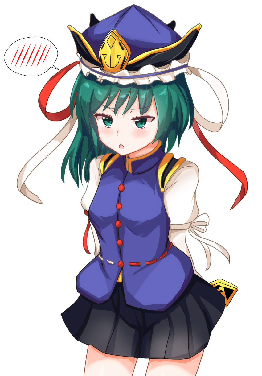 1girl absurdres arms_behind_back black_skirt blue_vest blush cowboy_shot epaulettes gold_trim green_eyes green_hair hat hat_ribbon highres long_sleeves looking_ahead miniskirt red_ribbon ribbon rod_of_remorse sh_(kitakitapoint) shiki_eiki short_hair simple_background skirt solo speech_bubble spoken_blush touhou vest white_background