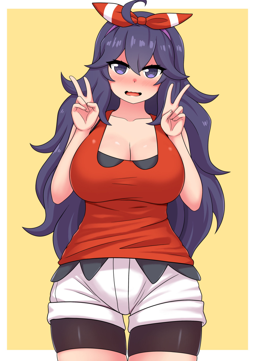 1girl absurdres bangs bike_shorts bike_shorts_under_shorts blush border bow_hairband breasts brown_hair collarbone cosplay cowboy_shot double_v eyelashes hair_between_eyes hairband hands_up hex_maniac_(pokemon) highres long_hair looking_at_viewer may_(pokemon) may_(pokemon)_(cosplay) open_mouth pokemon pokemon_(game) pokemon_bw pokemon_oras shirt short_shorts shorts sleeveless sleeveless_shirt smile solo the_only_shoe v violet_eyes wavy_mouth white_border white_shorts