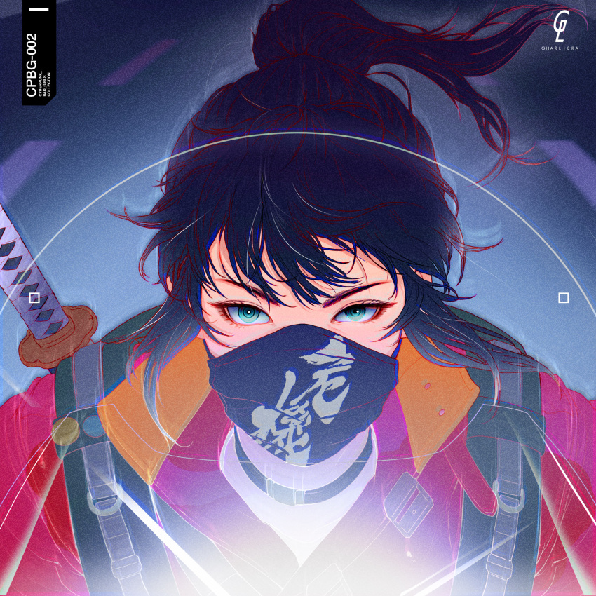 1girl black_hair choker covered_mouth floating_hair green_eyes highres looking_at_viewer mask mouth_mask original park_junkyu ponytail portrait short_hair solo sword weapon weapon_on_back