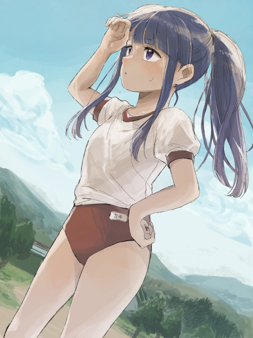 1girl bangs blue_hair blue_sky blunt_bangs buruma commentary_request eyebrows_visible_through_hair furude_rika gym_shirt gym_uniform hand_on_hip hand_on_own_forehead highres higurashi_no_naku_koro_ni long_hair looking_away morisata name_tag ponytail puffy_short_sleeves puffy_sleeves red_buruma shirt short_sleeves sidelocks sky solo violet_eyes white_shirt