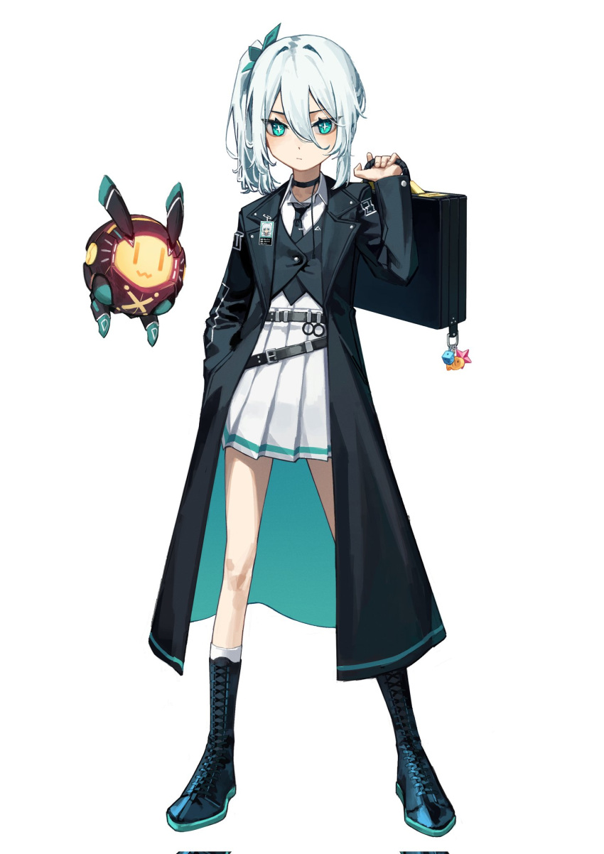 +_+ 1girl aqua_coat aqua_eyes belt black_choker black_coat black_necktie briefcase bright_pupils charm_(object) choker chukibabo2 closed_mouth coat eyes_visible_through_hair floating grey_background hair_between_eyes hand_in_pocket highres holding holding_briefcase id_card looking_at_viewer medium_hair multicolored_clothes necktie open_clothes open_coat original over_shoulder robot side_ponytail simple_background standing symbol-shaped_pupils two-tone_coat white_hair white_pupils