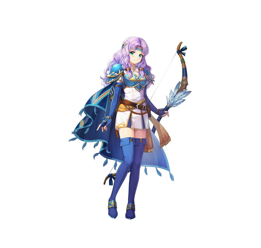 1girl absurdres aqua_eyes armor arrow_(projectile) bangs belt blue_armor blue_cape blue_footwear blue_gloves boots bow_(weapon) breastplate cape chachie closed_mouth commentary_request dress elbow_gloves feathers fingerless_gloves fire_emblem fire_emblem:_the_blazing_blade fire_emblem_heroes florina_(fire_emblem) full_body gloves gold_trim hair_ornament hairband headband highres holding holding_weapon long_hair looking_at_viewer official_art purple_hair quiver shiny shiny_hair short_dress shoulder_armor simple_background skirt smile solo standing thigh_boots weapon white_background white_dress zettai_ryouiki