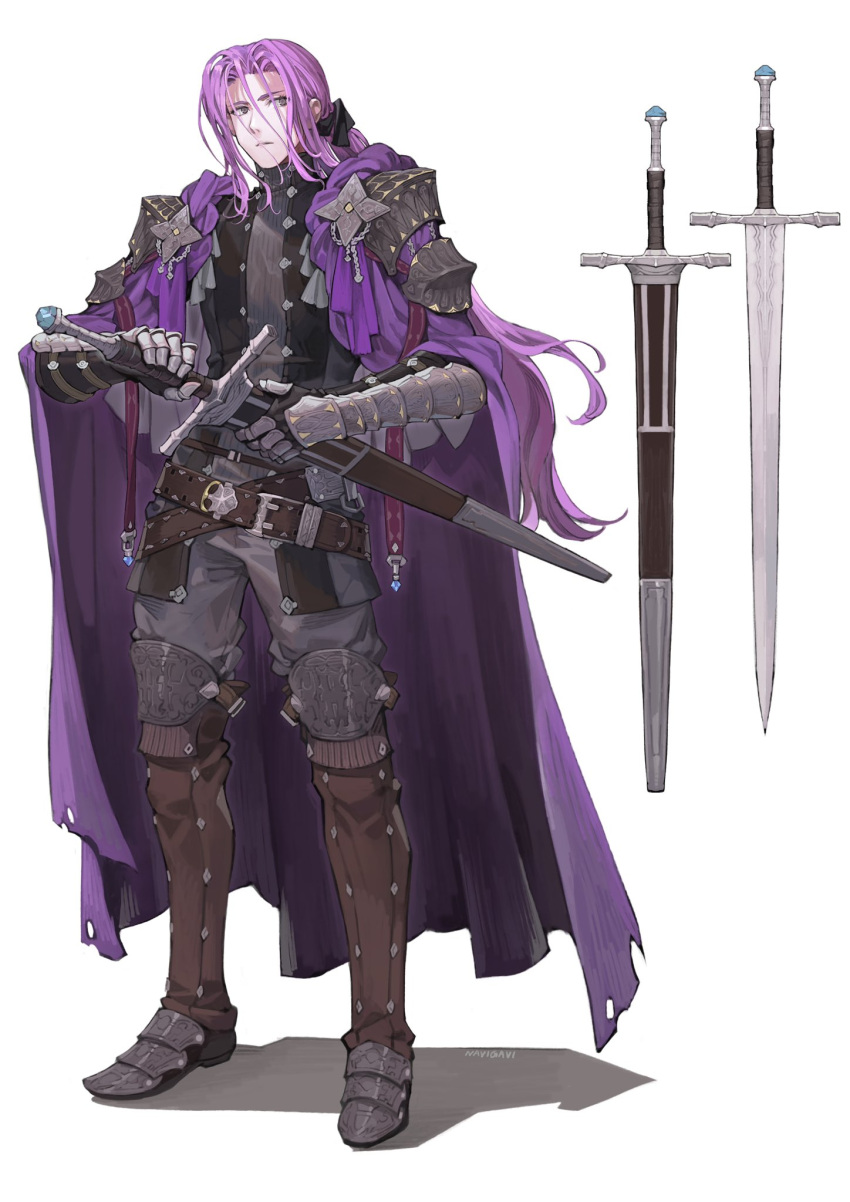 1boy armor artist_name black_ribbon cape commission copyright_request full_body hair_ribbon highres holding holding_sword holding_weapon jun_(seojh1029) long_hair male_focus pauldrons purple_cape purple_hair ribbon shoulder_armor simple_background skeb_commission solo standing sword very_long_hair weapon white_background