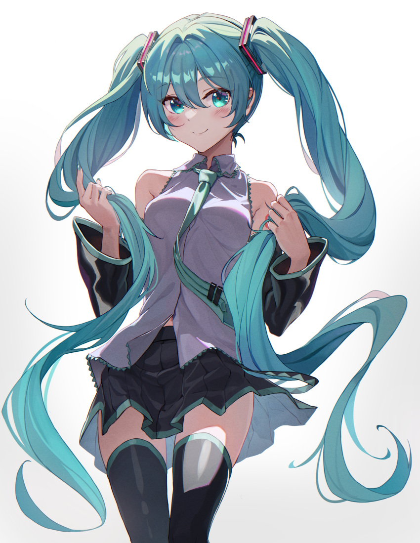 1girl aqua_eyes aqua_hair aqua_nails aqua_necktie bangs bare_shoulders bib_(bibboss39) black_legwear black_skirt black_sleeves blush breasts c: closed_mouth collared_shirt commentary detached_sleeves feet_out_of_frame gradient gradient_background grey_background grey_shirt hair_between_eyes hatsune_miku highres holding holding_hair long_hair looking_at_viewer medium_breasts miniskirt necktie pleated_skirt shirt skirt sleeveless sleeveless_shirt smile solo tattoo thigh-highs twintails very_long_hair vocaloid white_background wide_sleeves zettai_ryouiki