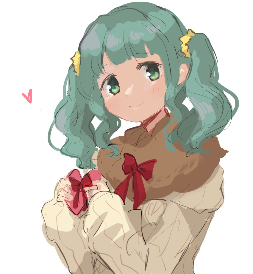 1girl bangs blunt_bangs blush box cable_knit eyebrows_visible_through_hair futaba_sana futaba_sana_(winter_costume) green_eyes green_hair heart heart-shaped_box highres holding holding_box homocacti magia_record:_mahou_shoujo_madoka_magica_gaiden mahou_shoujo_madoka_magica medium_hair red_ribbon ribbon scrunchie sidelocks simple_background sleeves_past_wrists smile solo sweater twintails upper_body wavy_hair white_background yellow_scrunchie yellow_sweater