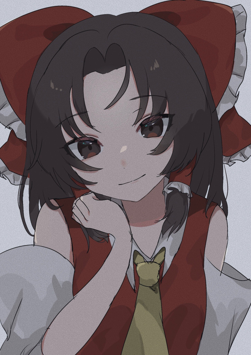 07_nagii 1girl bangs bare_shoulders bow brown_eyes brown_hair closed_mouth detached_sleeves eyebrows_visible_through_hair face grey_background hair_bow hair_tubes hakurei_reimu highres light_smile looking_at_viewer parted_bangs red_bow shirt simple_background solo touhou