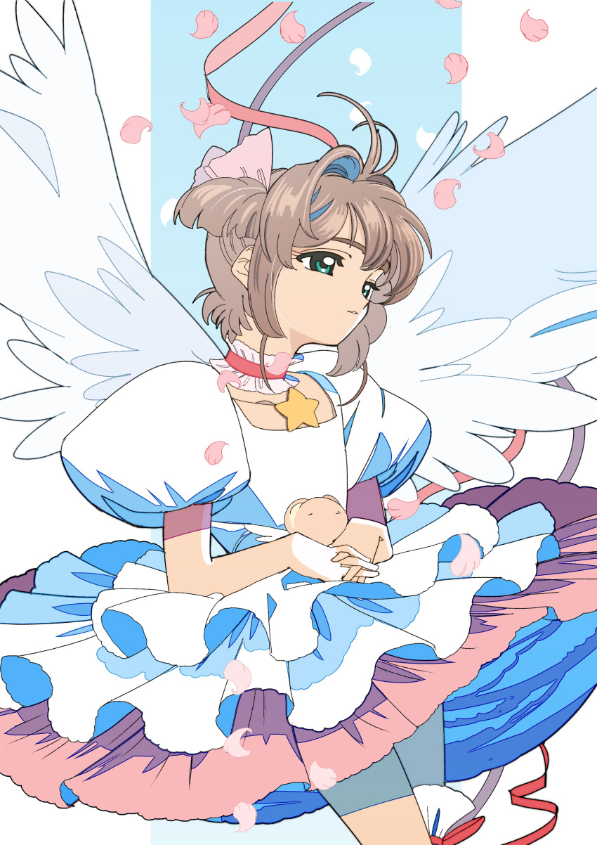 1girl absurdres brown_hair cardcaptor_sakura closed_eyes closed_mouth edoya_inuhachi female_child green_eyes highres kero kinomoto_sakura magical_girl star_(symbol) wings