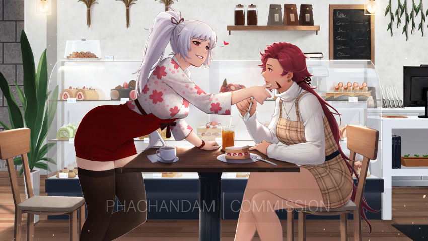 2girls absurdres bent_over blush bracelet breasts cafe cake casual coffee_cup commission cream cream_on_face crossed_arms cup dark-skinned_female dark_skin disposable_cup dress earrings english_commentary fashion floral_print food food_on_face forte_(crystalplanet00) from_side fruit grey_hair grin hakama hakama_skirt highres holding holding_spoon indoors japanese_clothes jewelry kanami_yano_(uzumesguard) large_breasts leaning_forward long_hair looking_at_another low_ponytail multiple_girls musical_note musical_note_necklace necklace original pencil_skirt phachandam plaid plaid_dress red_eyes red_skirt redhead ribbed_sweater scar scar_on_cheek scar_on_face short_dress sitting skirt smile spoon strawberry sweater table thigh-highs turtleneck turtleneck_sweater very_long_hair watermark white_sweater yuri zettai_ryouiki