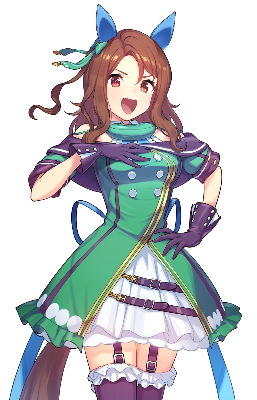 1girl absurdres brown_eyes brown_hair cowboy_shot dress frilled_legwear garter_straps gloves green322 hand_on_hip hand_up highres king_halo_(umamusume) medium_hair open_mouth purple_gloves purple_legwear short_dress simple_background solo tail teeth thigh-highs umamusume upper_teeth white_background