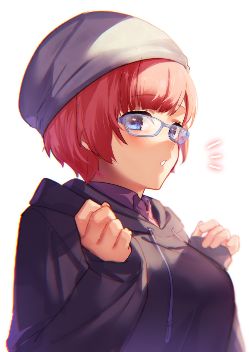 1girl bangs beanie black_hoodie blue-framed_eyewear blue_eyes blush breasts collared_shirt drawstring eyebrows_visible_through_hair glasses hands_up hat highres hood hood_down hoodie kitasaya_ai long_sleeves looking_at_viewer medium_breasts notice_lines parted_lips pink_shirt puffy_long_sleeves puffy_sleeves redhead shirt short_hair simple_background sleeves_past_wrists solo upper_body virtual_youtuber white_background white_headwear
