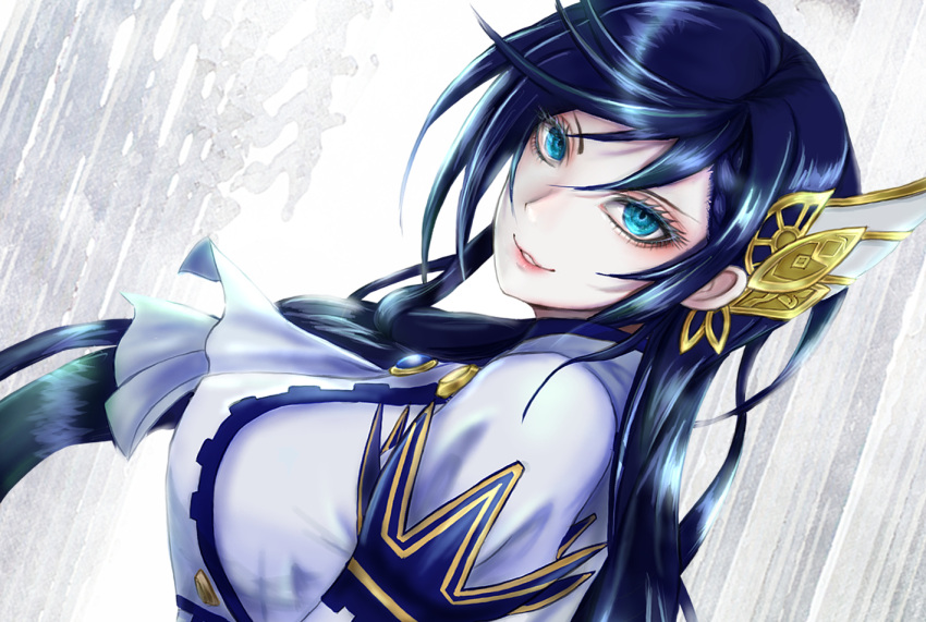 1girl black_hair brunhilde_(shuumatsu) long_hair looking_at_viewer shiny shiny_hair shuumatsu_no_valkyrie smile solo valkyrie wing_hair_ornament