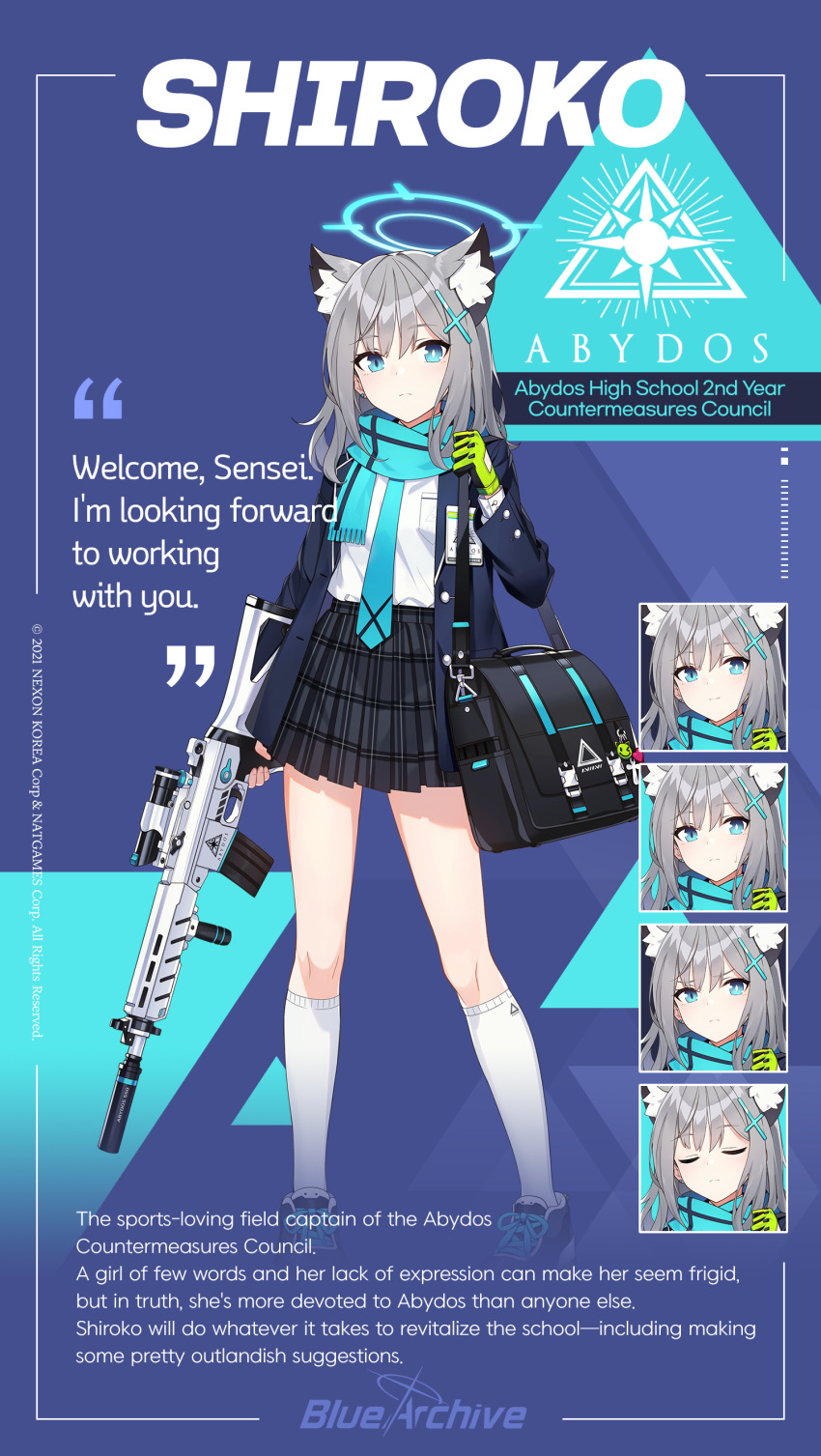 1girl absurdres animal_ears assault_rifle bag blue_archive blue_scarf cat_ears character_name character_sheet commentary cross full_body gloves green_gloves grey_hair grip gun hair_ornament hairclip halo highres hwansang latin_cross magazine_(weapon) mismatched_pupils necktie official_art pleated_skirt rifle scarf school_bag school_uniform shiroko_(blue_archive) shoes sig_sauer sig_sauer_556 skirt sneakers socks solo trigger_discipline weapon