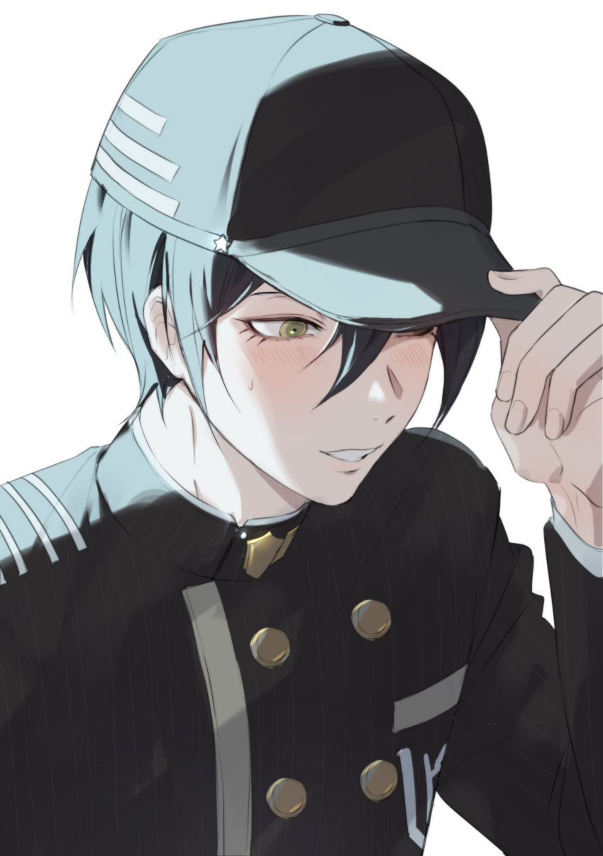 1boy bangs baseball_cap black_hair black_headwear black_jacket blush brown_eyes buttons danganronpa_(series) danganronpa_v3:_killing_harmony double-breasted grin hair_between_eyes hand_up hat highres jacket long_sleeves male_focus mu_(mu43960168) saihara_shuuichi short_hair simple_background smile solo striped striped_jacket teeth upper_body white_background