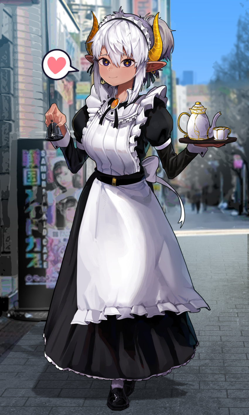 1girl absurdres apron bangs bell black_footwear brooch closed_mouth cup eungi frilled_hairband frills hairband highres holding holding_bell holding_plate horns jewelry long_sleeves looking_at_viewer maid maid_apron original photo_background plate pointy_ears puffy_sleeves solo standing teacup teapot violet_eyes white_hair yellow_horns