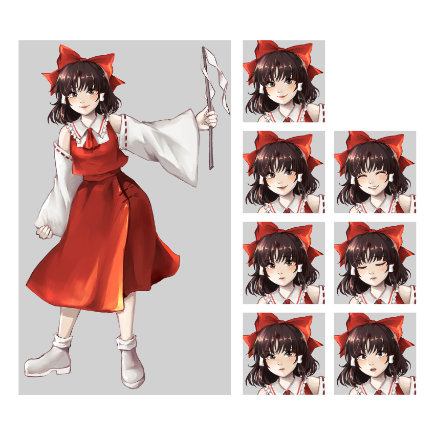 1girl :t angry ascot bangs blush bow brown_eyes brown_hair character_name closed_eyes closed_mouth commentary_request embodiment_of_scarlet_devil expression_chart frilled_skirt frills full_body gohei hair_bow hakurei_reimu happy highres holding hoshiringo0902 lips long_sleeves looking_at_viewer medium_hair nontraditional_miko open_mouth red_ascot red_bow red_skirt red_vest ribbon-trimmed_sleeves ribbon_trim sad skirt sleeves_past_wrists smile socks solo standing surprised touhou v-shaped_eyebrows vest white_footwear white_legwear white_sleeves wide_sleeves