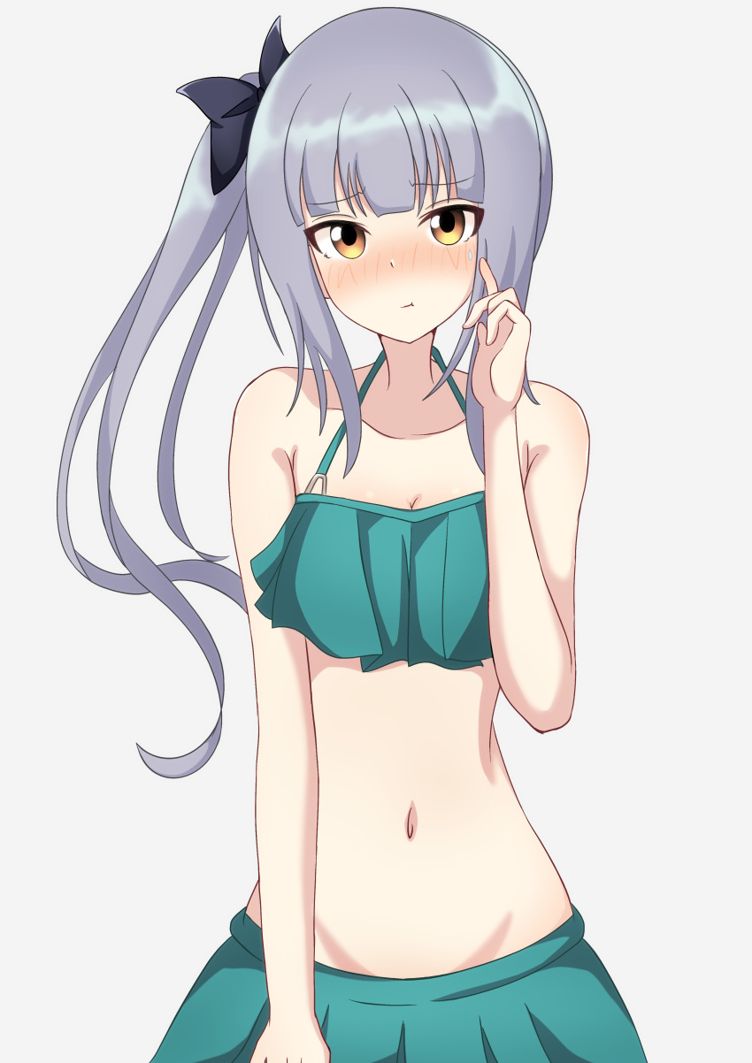 1girl :t absurdres bikini bikini_skirt blush breasts collarbone cowboy_shot eyebrows_visible_through_hair gradient gradient_background green_bikini grey_background grey_hair highres kantai_collection kasumi_(kancolle) long_hair motti_(motthi0711) official_alternate_costume side_ponytail small_breasts solo swimsuit yellow_eyes