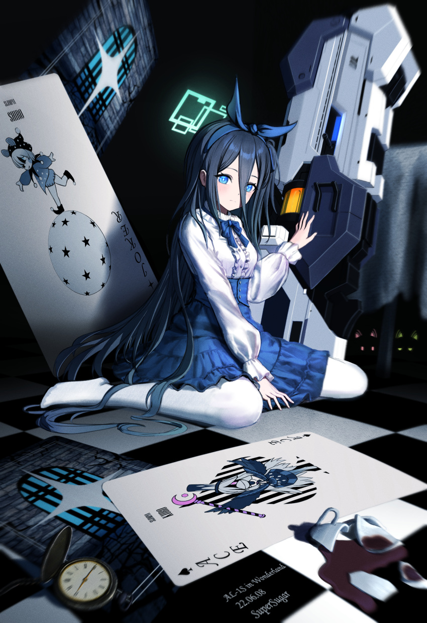 1girl absurdres ace_of_spades alice_in_wonderland arisu_(blue_archive) black_hair blue_archive blue_bow blue_bowtie blue_eyes blue_hairband blue_skirt blush bow bowtie broken_cup card center_frills closed_mouth commentary cup dated frills hair_between_eyes hair_bow hairband halo high-waist_skirt highres joker_(card) kuro_(blue_archive) long_hair long_sleeves looking_at_viewer midori_(blue_archive) momoi_(blue_archive) no_shoes pantyhose playing_card pocket_watch railgun shiro_(blue_archive) shirt sitting skirt solo_focus spade_(shape) supersugar tea very_long_hair wariza watch white_legwear white_shirt