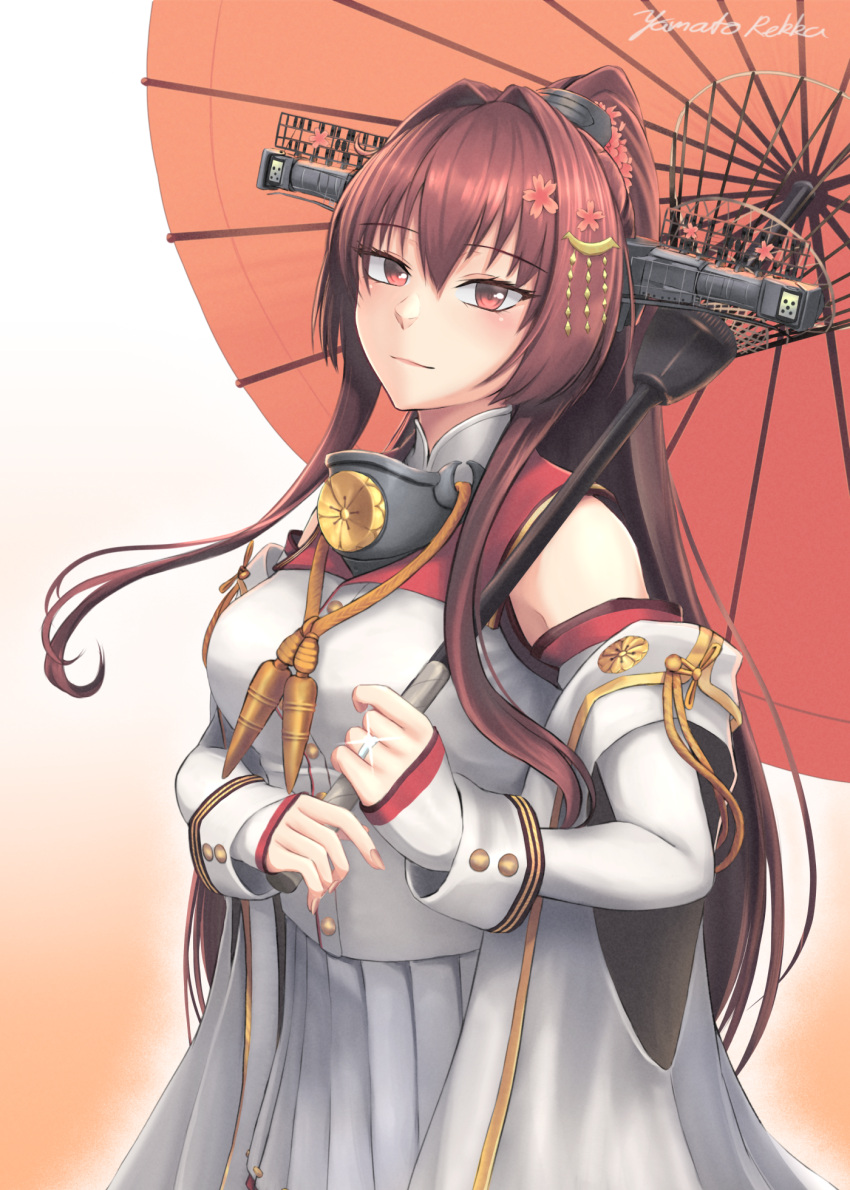 1girl breasts brown_eyes brown_hair cherry_blossoms clothing_cutout coat collar flower hair_flower hair_intakes hair_ornament headgear high_ponytail highres holding holding_umbrella jewelry kantai_collection large_breasts long_hair long_sleeves metal_collar off_shoulder oil-paper_umbrella open_clothes open_coat ponytail red_umbrella rekka_yamato ring shoulder_cutout sidelocks sleeveless_coat solo umbrella upper_body very_long_hair wedding_band white_coat yamato_(kancolle) yamato_kai_ni_(kancolle)