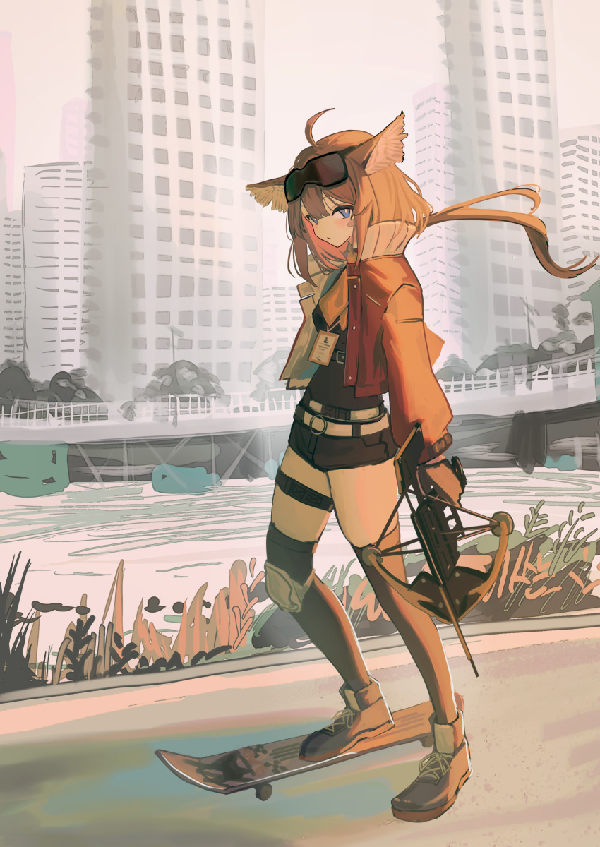 1girl absurdres aciddrop_(arknights) ahoge animal_ears arknights bandaid bandaid_on_face bird_ears black_legwear black_shirt black_shorts blue_eyes brown_hair city closed_mouth crossbow day full_body goggles goggles_on_head highres holding holding_weapon id_card jacket knee_pads long_hair long_sleeves looking_at_viewer low_ponytail natsuba002 necktie open_clothes open_jacket orange_necktie outdoors red_jacket river shirt short_shorts shorts skateboard solo standing thigh-highs thigh_strap weapon