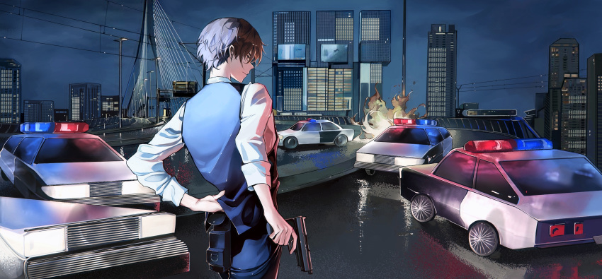1boy absurdres back bai_qi_(love_and_producer) bangs blue_vest brown_eyes brown_hair building car city city_lights closed_mouth fire ground_vehicle gun hana967531 highres holding holding_gun holding_weapon love_and_producer motor_vehicle night night_sky outdoors p99 police police_car police_uniform shirt short_hair sky sleeves_rolled_up solo uniform vest weapon white_shirt