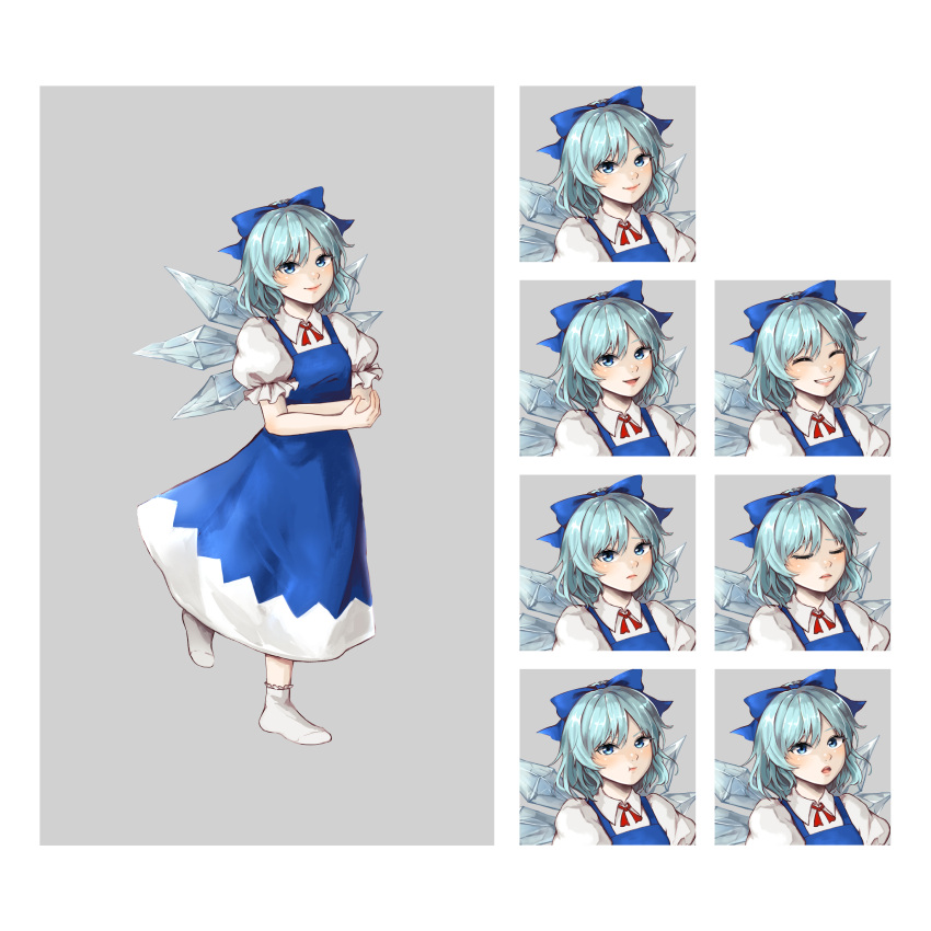 1girl angry blue_bow blue_dress blue_eyes blue_hair blush border bow breasts character_name cirno closed_eyes closed_mouth collared_shirt commentary_request crossed_arms dress embodiment_of_scarlet_devil expression_chart fairy frilled_sleeves frills full_body grey_border hair_bow happy highres hoshiringo0902 ice ice_wings lips looking_at_viewer neck_ribbon no_shoes open_mouth pinafore_dress puffy_short_sleeves puffy_sleeves red_ribbon ribbon sad shirt short_hair short_sleeves simple_background small_breasts smile socks solo surprised touhou v-shaped_eyebrows white_background white_legwear white_shirt wings