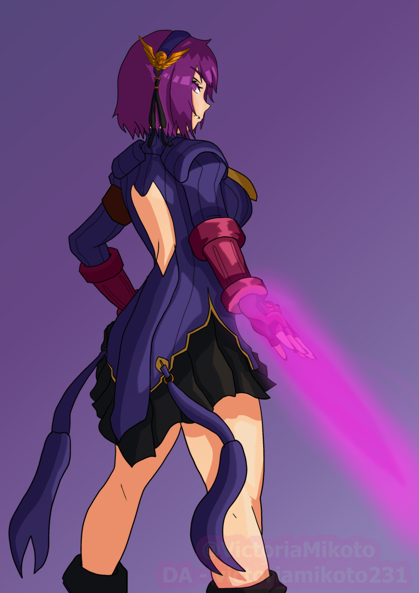 1girl absurdres asamiya_athena bodysuit boots corruption crossover dress energy_sword gauntlets hairband highres leather leather_boots mind_control nail_polish necktie non-web_source purple_hair shadaloo shadaloo_dolls skirt street_fighter sword the_king_of_fighters violet_eyes weapon